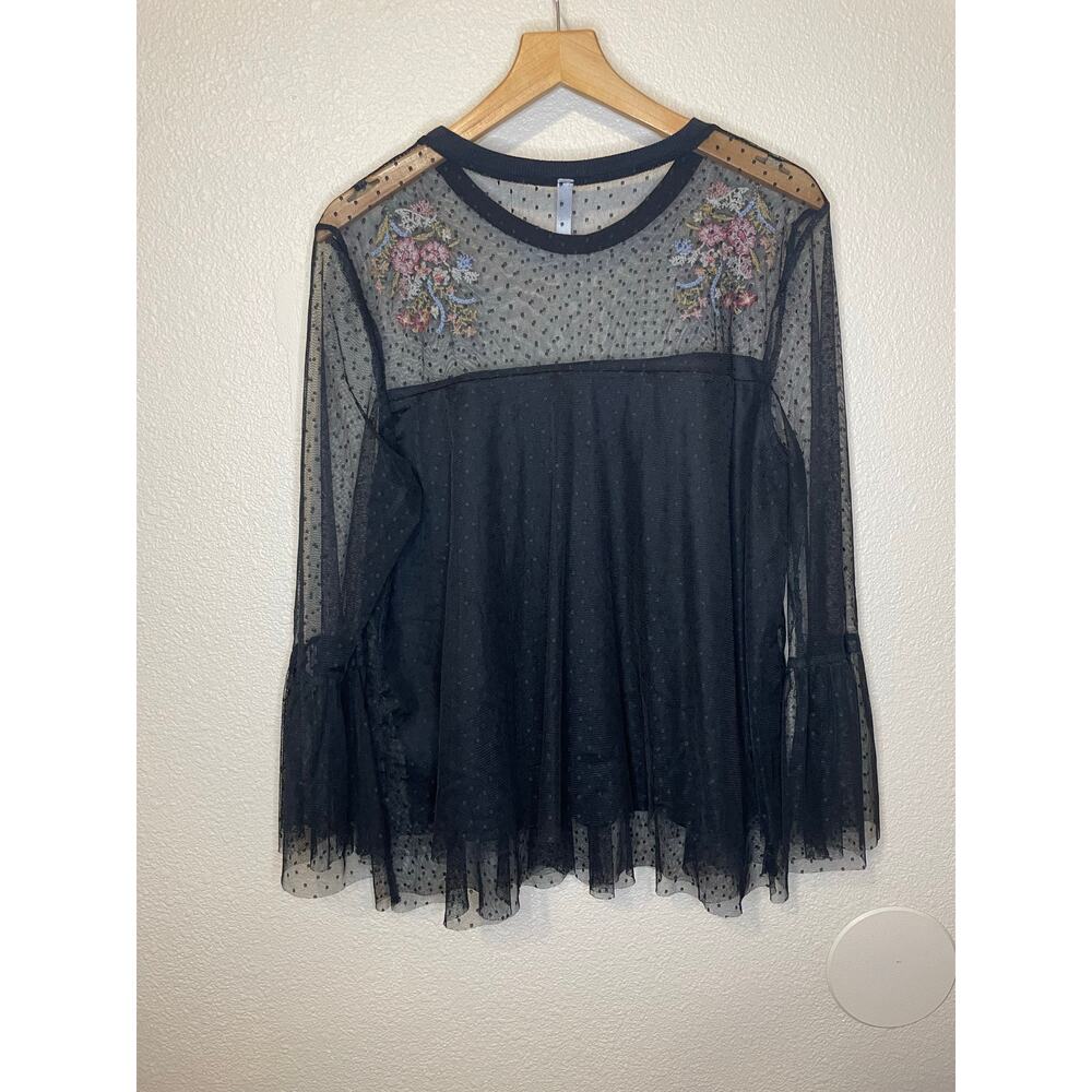Xhilaration Floral Embroidered Black Mesh Bell Sleeve Tulle Whimsygoth Blouse Lg - Picture 2 of 10